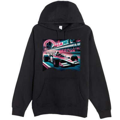 Formula Racing Open Wheel Car Retro Miami Circuit Usa Flag Premium Pullover Hoodie