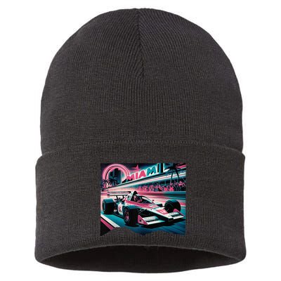 Formula Racing Open Wheel Car Retro Miami Circuit Usa Flag Sustainable Knit Beanie