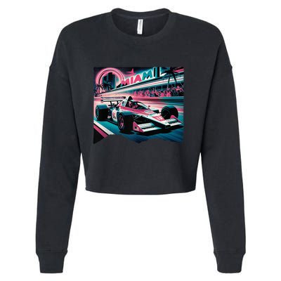 Formula Racing Open Wheel Car Retro Miami Circuit Usa Flag Cropped Pullover Crew