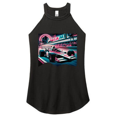 Formula Racing Open Wheel Car Retro Miami Circuit Usa Flag Women's Perfect Tri Rocker Tank