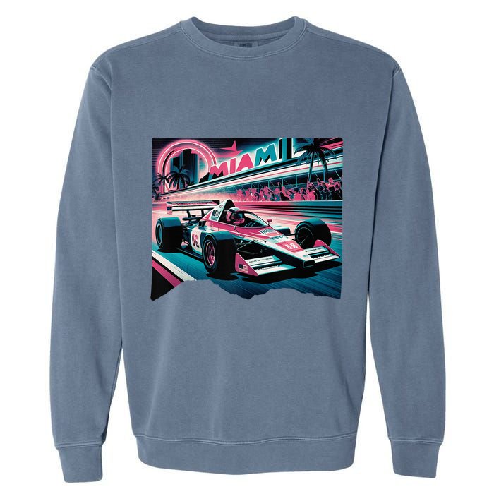 Formula Racing Open Wheel Car Retro Miami Circuit Usa Flag Garment-Dyed Sweatshirt