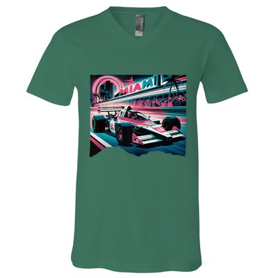 Formula Racing Open Wheel Car Retro Miami Circuit Usa Flag V-Neck T-Shirt