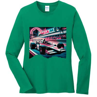 Formula Racing Open Wheel Car Retro Miami Circuit Usa Flag Ladies Long Sleeve Shirt