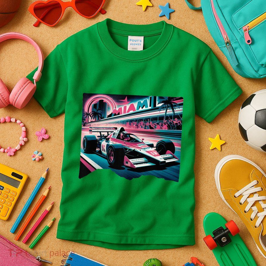 Formula Racing Open Wheel Car Retro Miami Circuit Usa Flag Kids T-Shirt