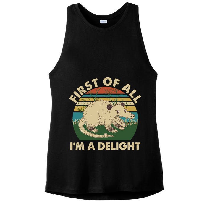 Funny Retro Opossum First Of All Im A Delight Ladies PosiCharge Tri-Blend Wicking Tank