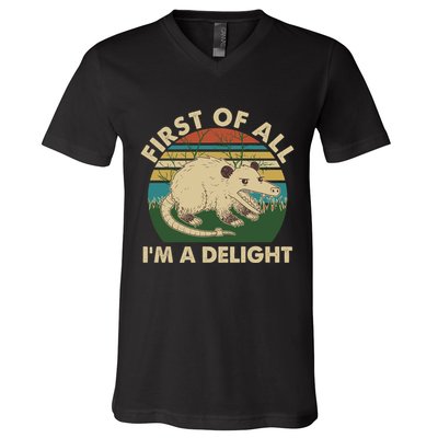 Funny Retro Opossum First Of All Im A Delight V-Neck T-Shirt