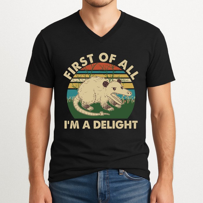 Funny Retro Opossum First Of All Im A Delight V-Neck T-Shirt