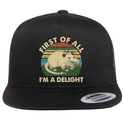 Funny Retro Opossum First Of All Im A Delight Flat Bill Trucker Hat