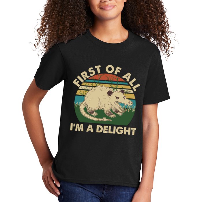 Funny Retro Opossum First Of All Im A Delight Kids T-Shirt