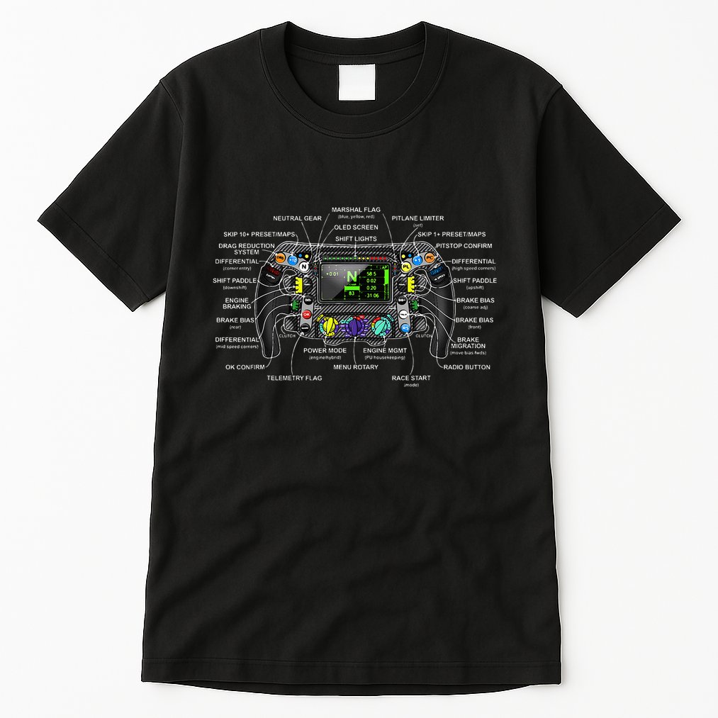 Formula Racing Open Wheel Car Fan Steering Wheel Explained Tall T-Shirt