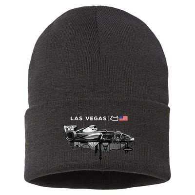 Formula Racing Open Wheel Car Las Vegas Circuit Usa Flag Sustainable Knit Beanie