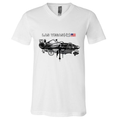 Formula Racing Open Wheel Car Las Vegas Circuit Usa Flag V-Neck T-Shirt