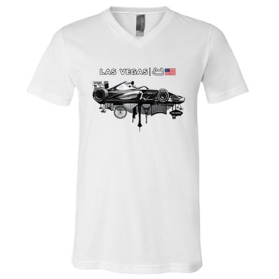 Formula Racing Open Wheel Car Las Vegas Circuit Usa Flag V-Neck T-Shirt