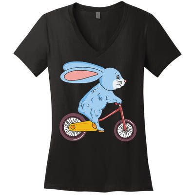 Funny Rabbit On Bicycle Mountain Biking Cycling Cyclist Women's V-Neck T-Shirt