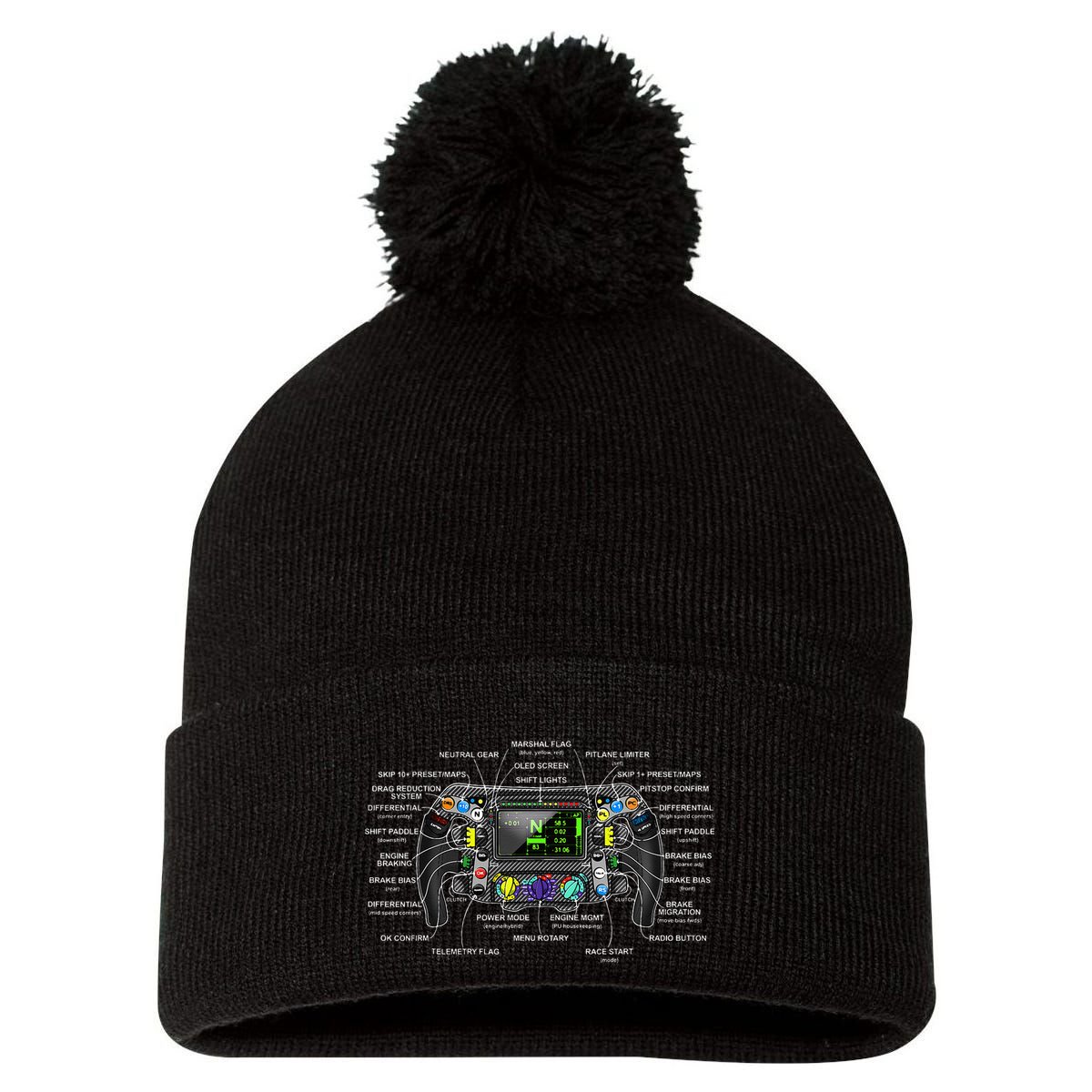 Formula Racing Open Wheel Car Fan Sring Wheel Explained Pom Pom 12in Knit Beanie