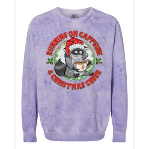 Funny Running On Caffeine And Christmas Cheer Coffee Raccoon Colorblast Crewneck Sweatshirt