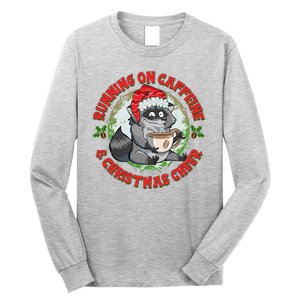 Funny Running On Caffeine And Christmas Cheer Coffee Raccoon Long Sleeve Shirt