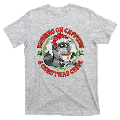 Funny Running On Caffeine And Christmas Cheer Coffee Raccoon T-Shirt