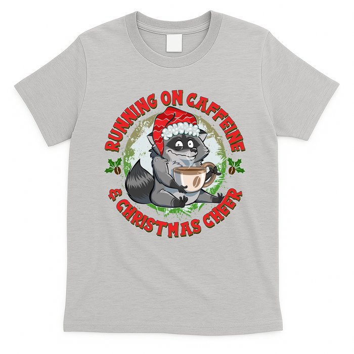 Funny Running On Caffeine And Christmas Cheer Coffee Raccoon T-Shirt