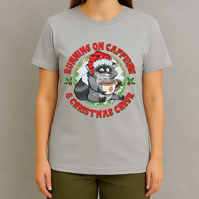 Funny Running On Caffeine And Christmas Cheer Coffee Raccoon T-Shirt