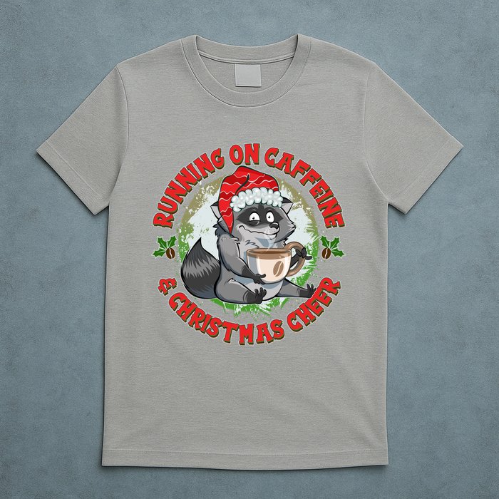 Funny Running On Caffeine And Christmas Cheer Coffee Raccoon T-Shirt