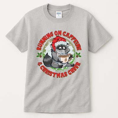 Funny Running On Caffeine And Christmas Cheer Coffee Raccoon Tall T-Shirt