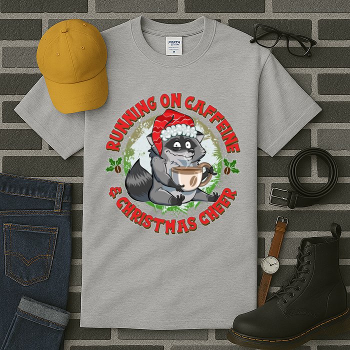 Funny Running On Caffeine And Christmas Cheer Coffee Raccoon Tall T-Shirt