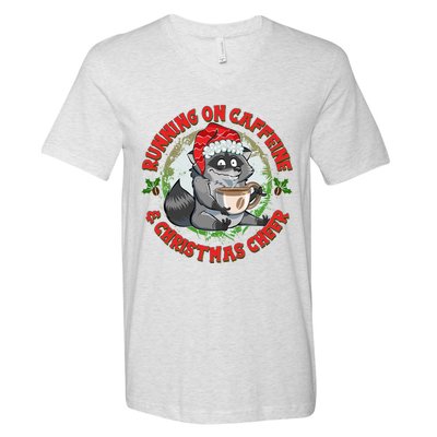 Funny Running On Caffeine And Christmas Cheer Coffee Raccoon V-Neck T-Shirt