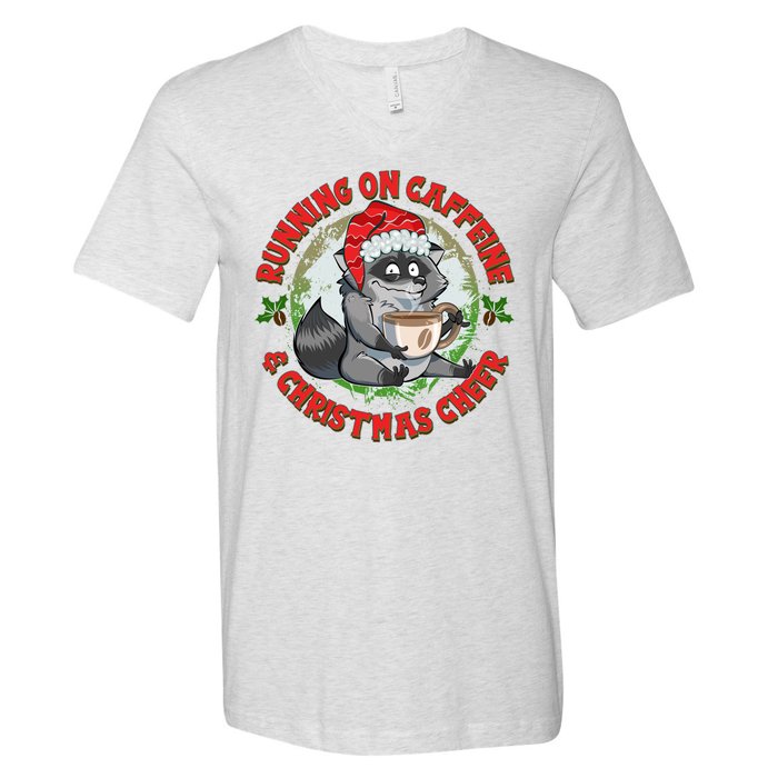 Funny Running On Caffeine And Christmas Cheer Coffee Raccoon V-Neck T-Shirt