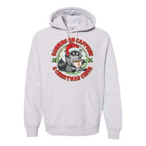 Funny Running On Caffeine And Christmas Cheer Coffee Raccoon Premium Hoodie