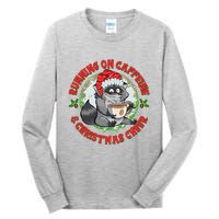 Funny Running On Caffeine And Christmas Cheer Coffee Raccoon Tall Long Sleeve T-Shirt