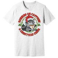 Funny Running On Caffeine And Christmas Cheer Coffee Raccoon Premium T-Shirt