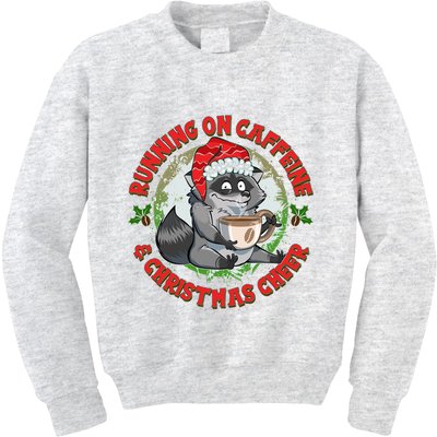 Funny Running On Caffeine And Christmas Cheer Coffee Raccoon Kids Sweatshirt