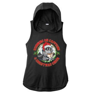 Funny Running On Caffeine And Christmas Cheer Coffee Raccoon Ladies PosiCharge Tri-Blend Wicking Draft Hoodie Tank