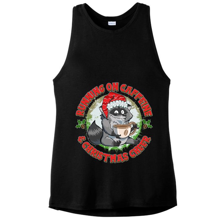 Funny Running On Caffeine And Christmas Cheer Coffee Raccoon Ladies PosiCharge Tri-Blend Wicking Tank