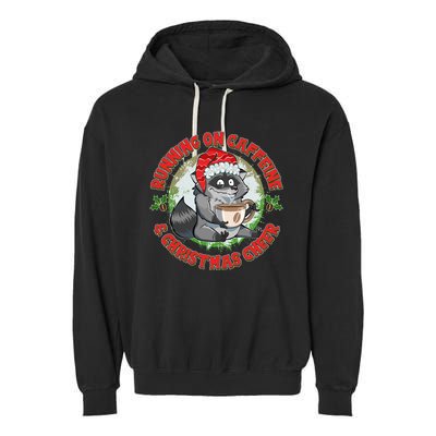 Funny Running On Caffeine And Christmas Cheer Coffee Raccoon Garment-Dyed Fleece Hoodie
