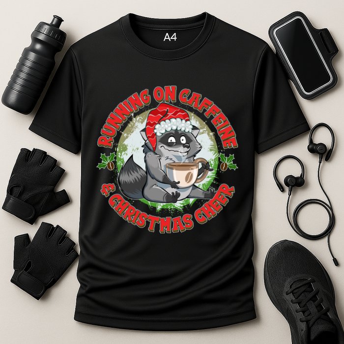 Funny Running On Caffeine And Christmas Cheer Coffee Raccoon Performance Shirt