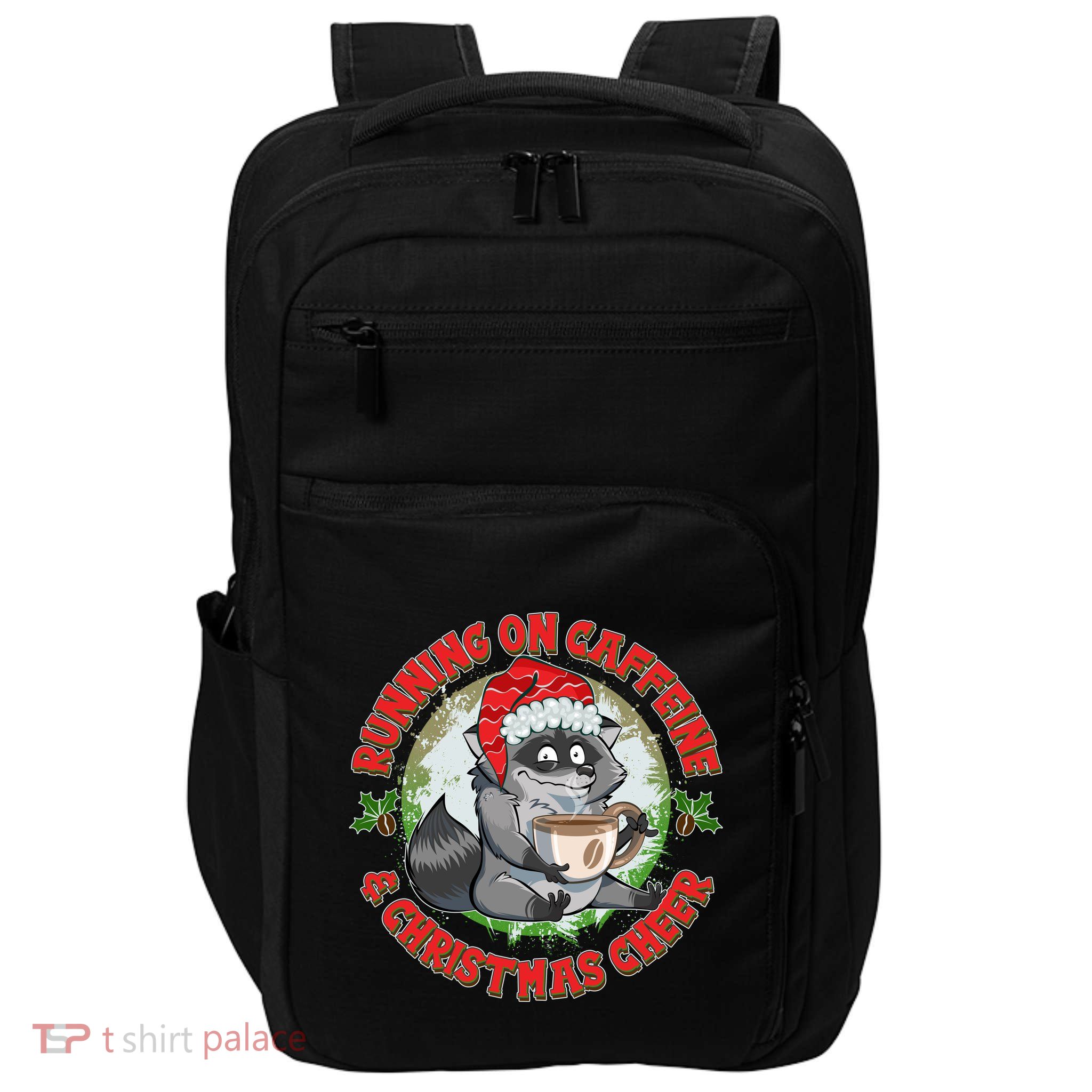 Funny Running On Caffeine And Christmas Cheer Coffee Raccoon Impact Tech Backpack