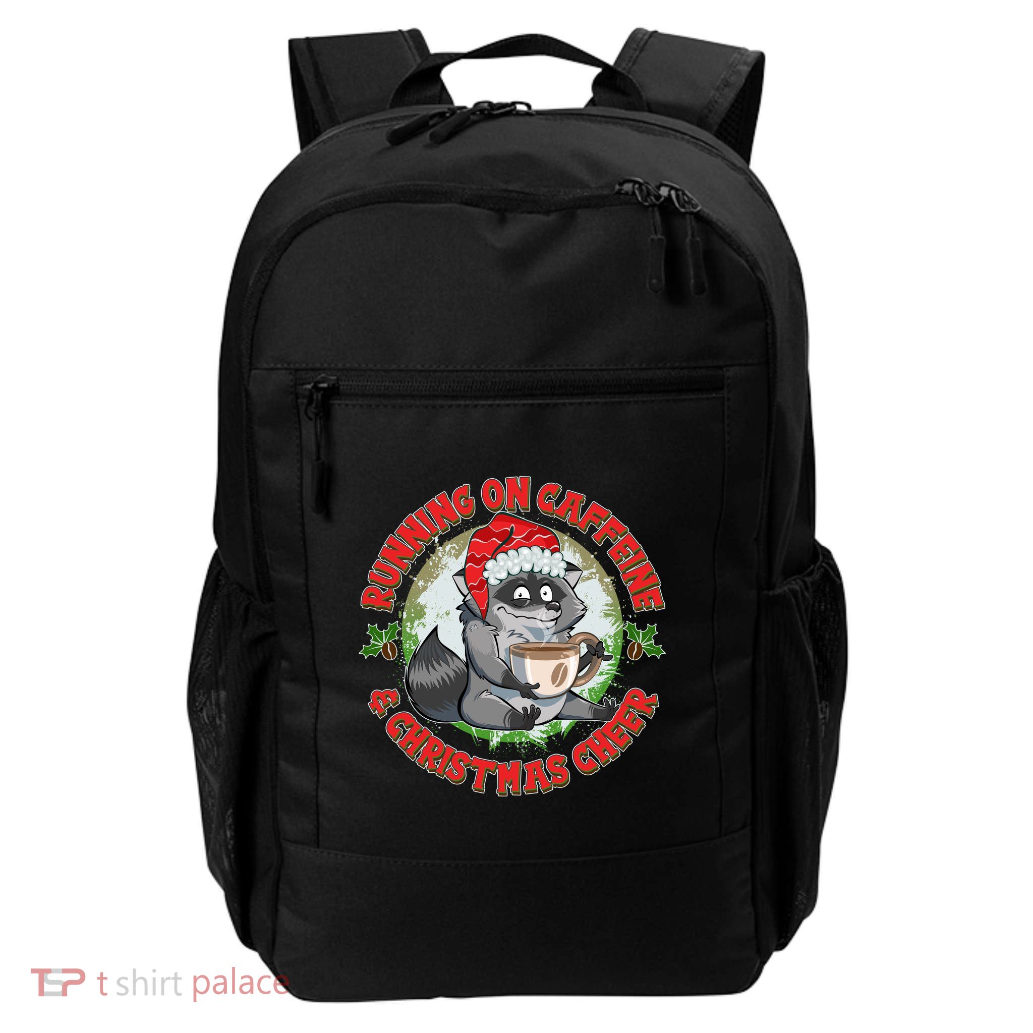 Funny Running On Caffeine And Christmas Cheer Coffee Raccoon Daily Commute Backpack