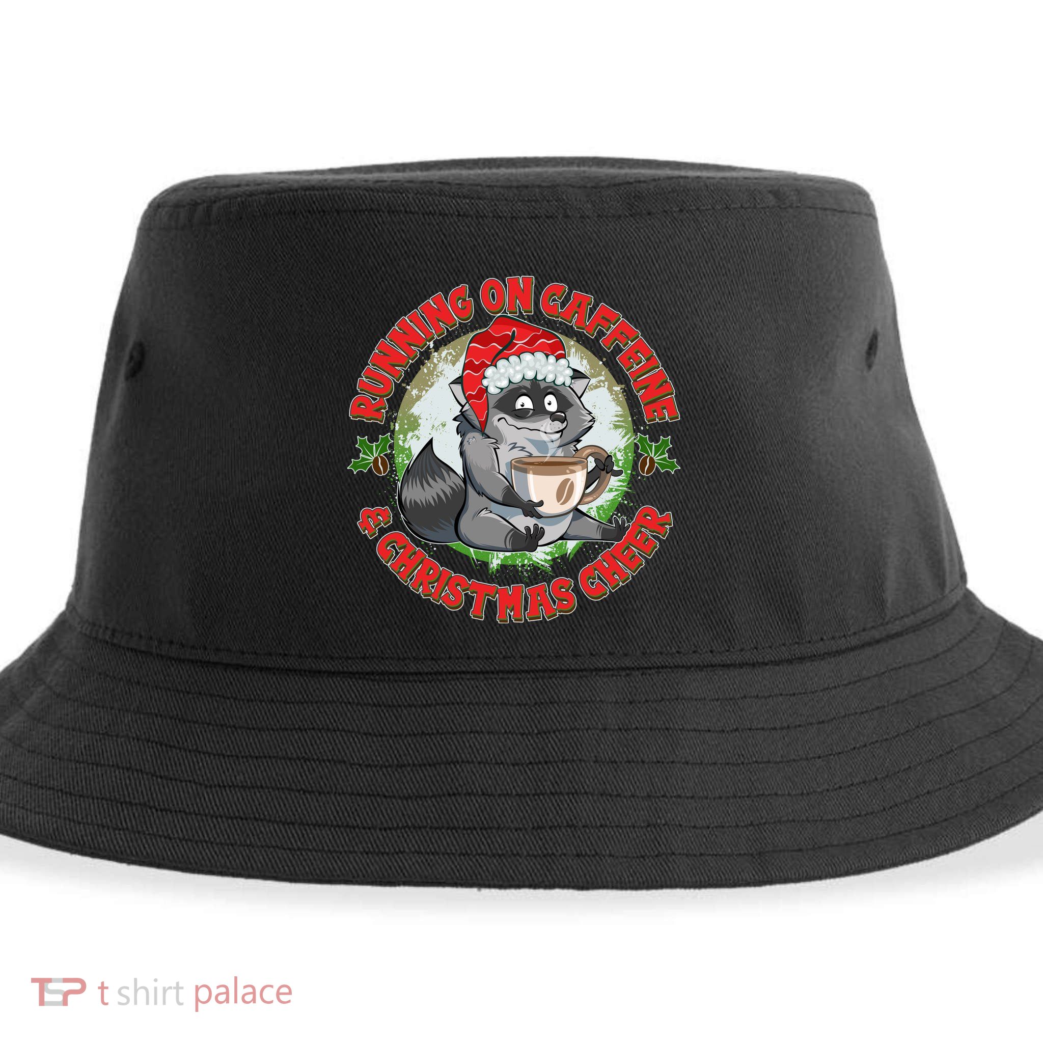 Funny Running On Caffeine And Christmas Cheer Coffee Raccoon Sustainable Bucket Hat