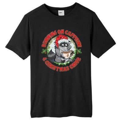 Funny Running On Caffeine And Christmas Cheer Coffee Raccoon Tall Fusion ChromaSoft Performance T-Shirt