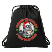 Funny Running On Caffeine And Christmas Cheer Coffee Raccoon Drawstring Bag
