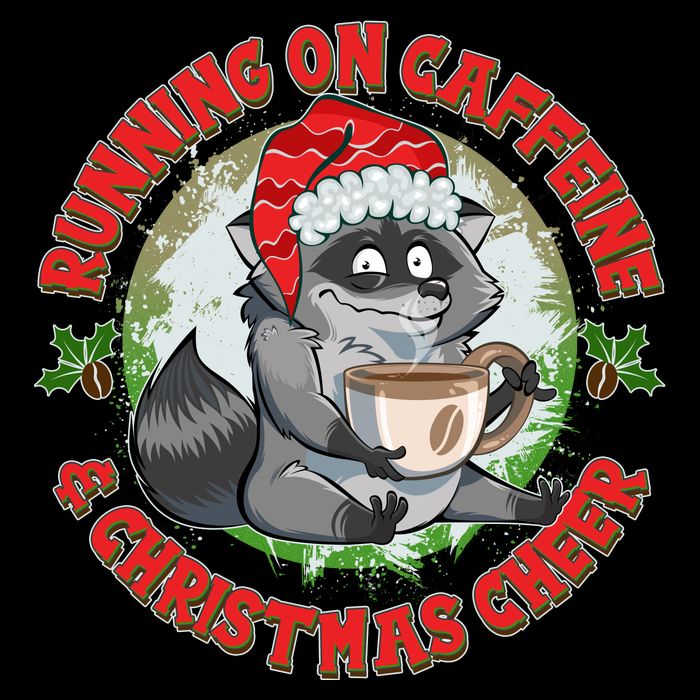 Funny Running On Caffeine And Christmas Cheer Coffee Raccoon Drawstring Bag
