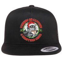 Funny Running On Caffeine And Christmas Cheer Coffee Raccoon Flat Bill Trucker Hat