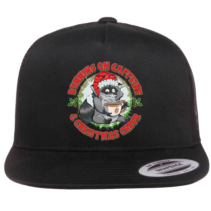 Funny Running On Caffeine And Christmas Cheer Coffee Raccoon Flat Bill Trucker Hat
