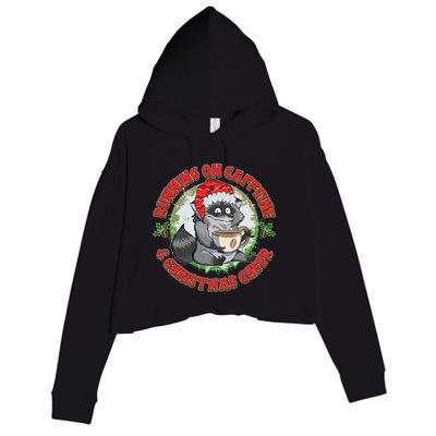 Funny Running On Caffeine And Christmas Cheer Coffee Raccoon Crop Fleece Hoodie