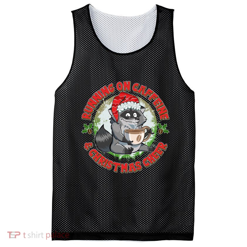 Funny Running On Caffeine And Christmas Cheer Coffee Raccoon Mesh Reversible Basketball Jersey Tank