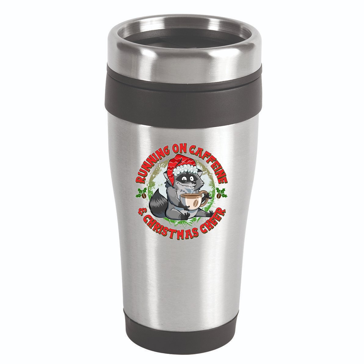 Funny Running On Caffeine And Christmas Cheer Coffee Raccoon 16oz Travel Tumbler