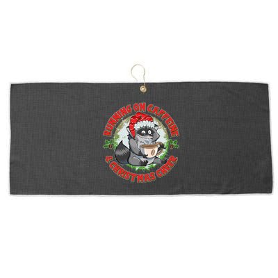 Funny Running On Caffeine And Christmas Cheer Coffee Raccoon Large Microfiber Waffle Golf Towel
