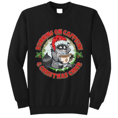 Funny Running On Caffeine And Christmas Cheer Coffee Raccoon Tall Sweatshirt